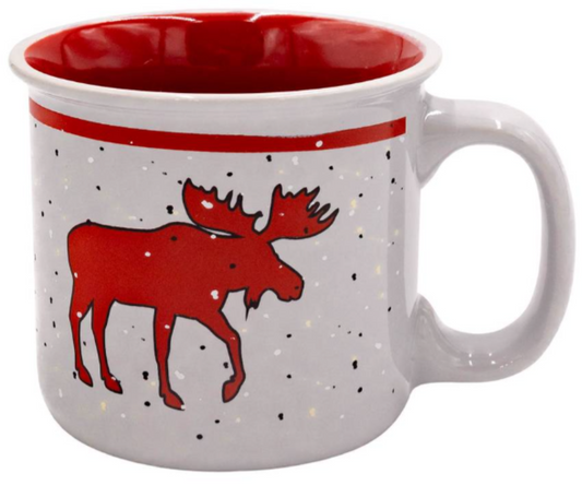 Mug with red interior, white exterior with moose design, and red band around the middle.