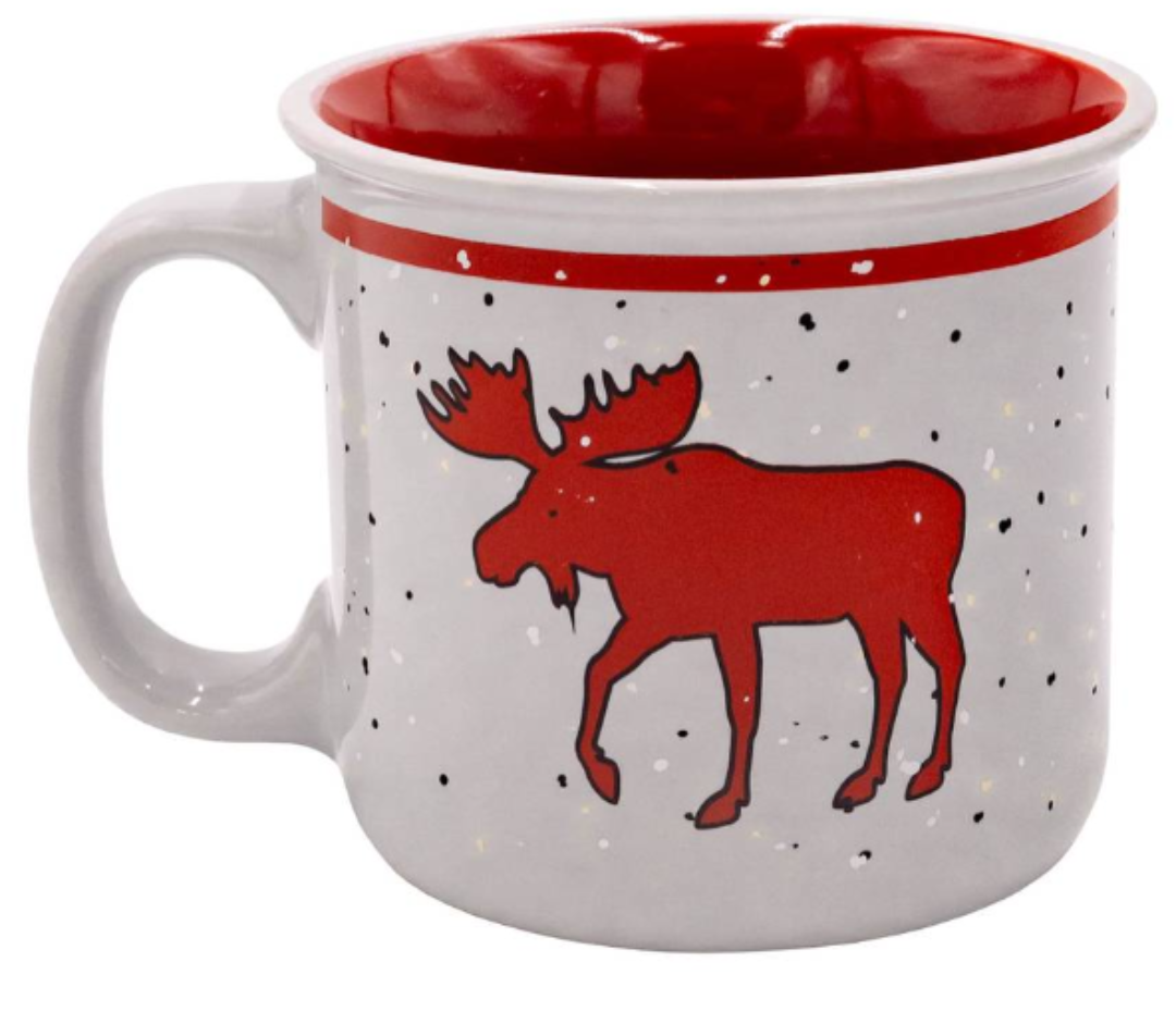 Mug with red interior, white exterior with moose design, and red rim on a white background