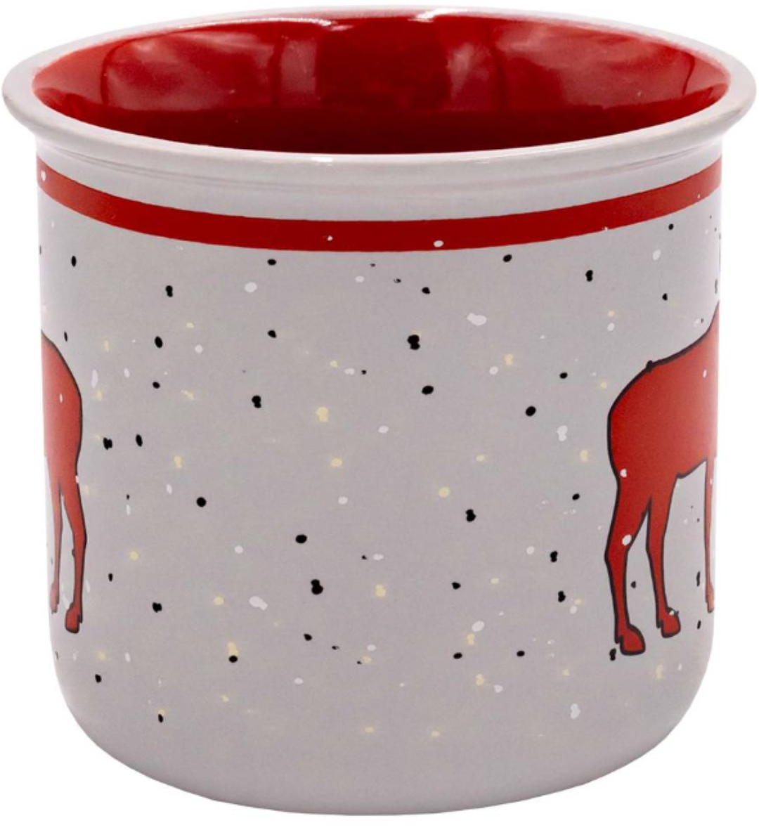 White mug with red interior, speckled pattern, and red deer illustrations on a white background
