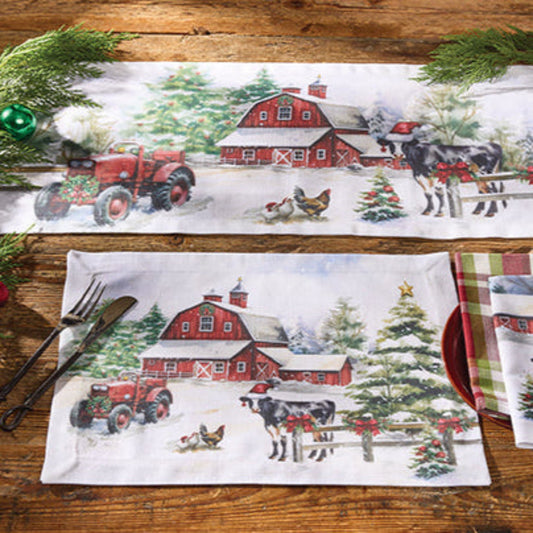 Christmas - Farm themed table setting with placemats, napkins, and cutlery on a wooden table.