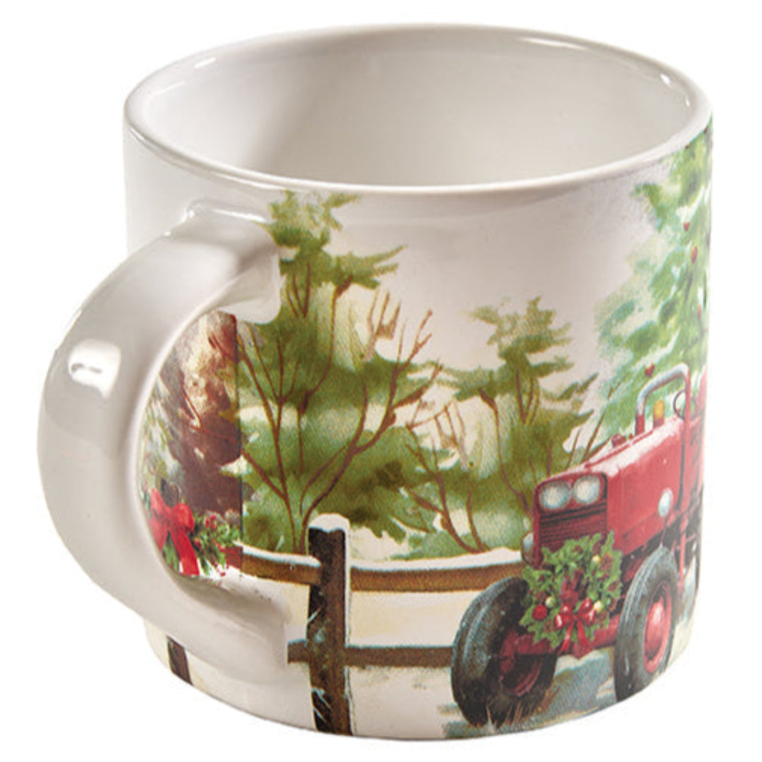 White mug with a festive design of a red tractor and Christmas trees on a white background
