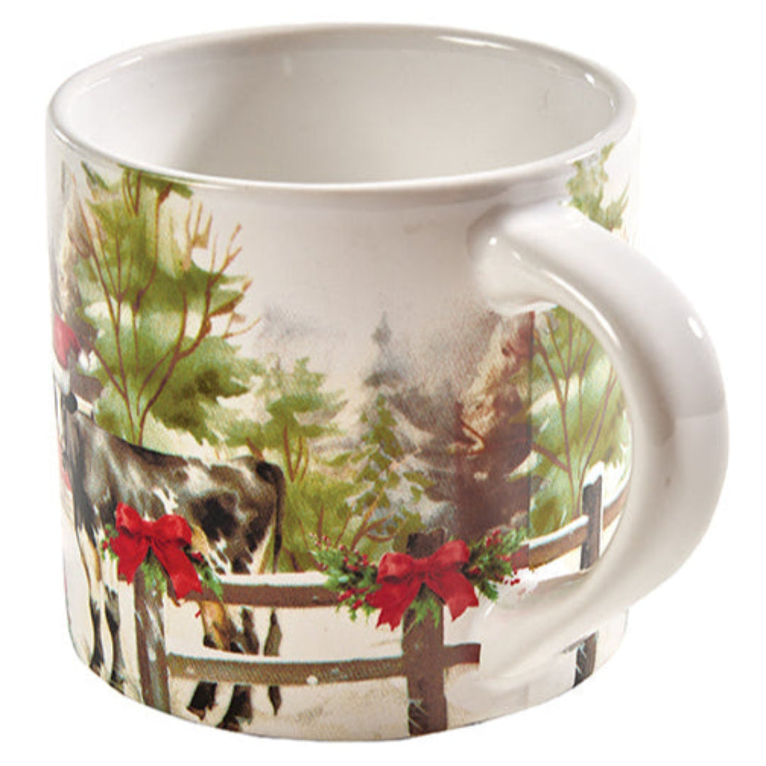White mug with a festive design of cows and red bows on a white background