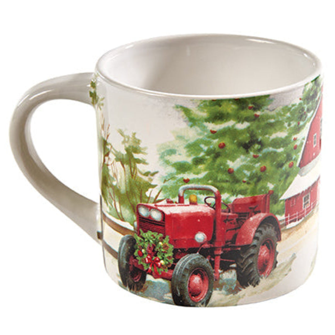 Mug with a red tractor and Christmas tree design on a white background
