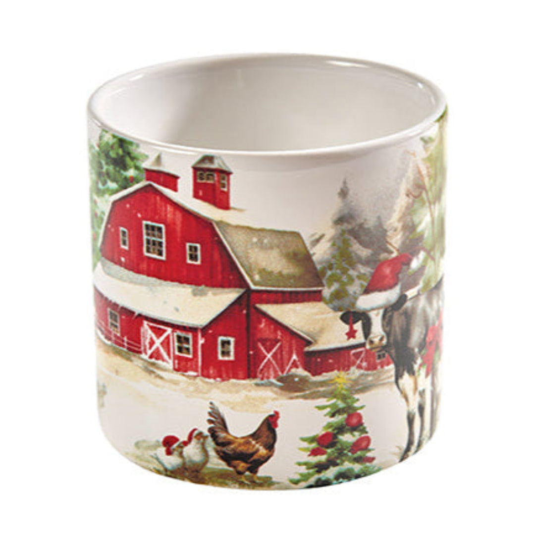 Mug with a festive farm scene design featuring a red barn, trees, and animals on a white background.