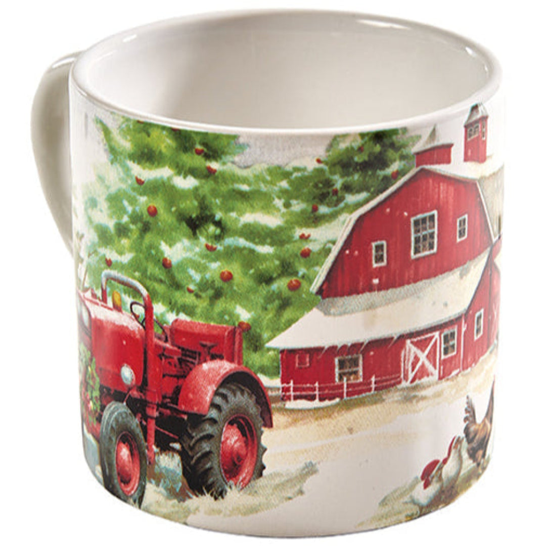 Mug with a Christmas farm scene featuring a red barn and tractor on a white background