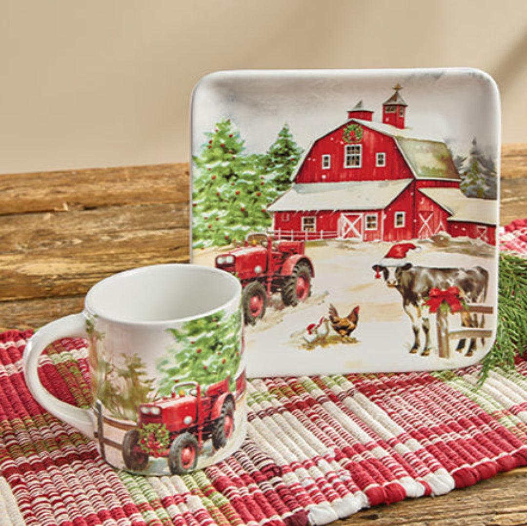 Mug and Dessert Plate set with farm scene design on a wooden table.