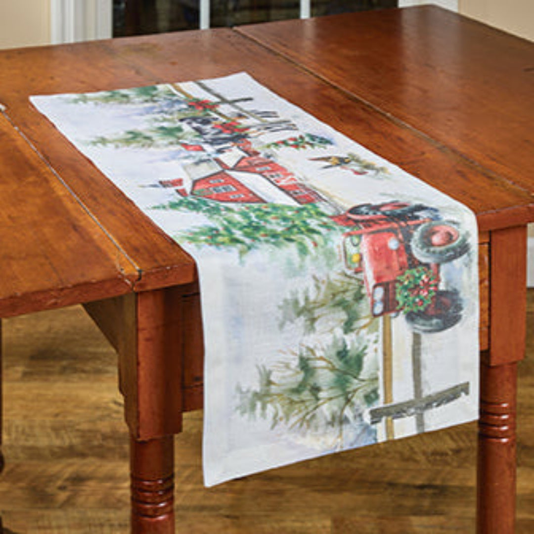 Decorative table runner featuring Christmas at the Farm - themed design.