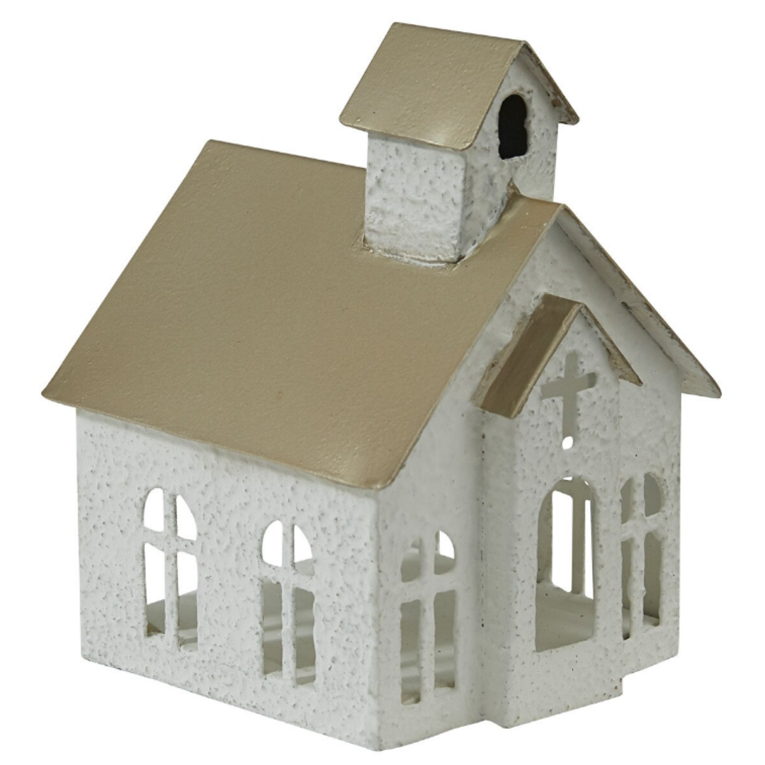 Model of a small church with a beige roof on a white background. Christmas Decor
