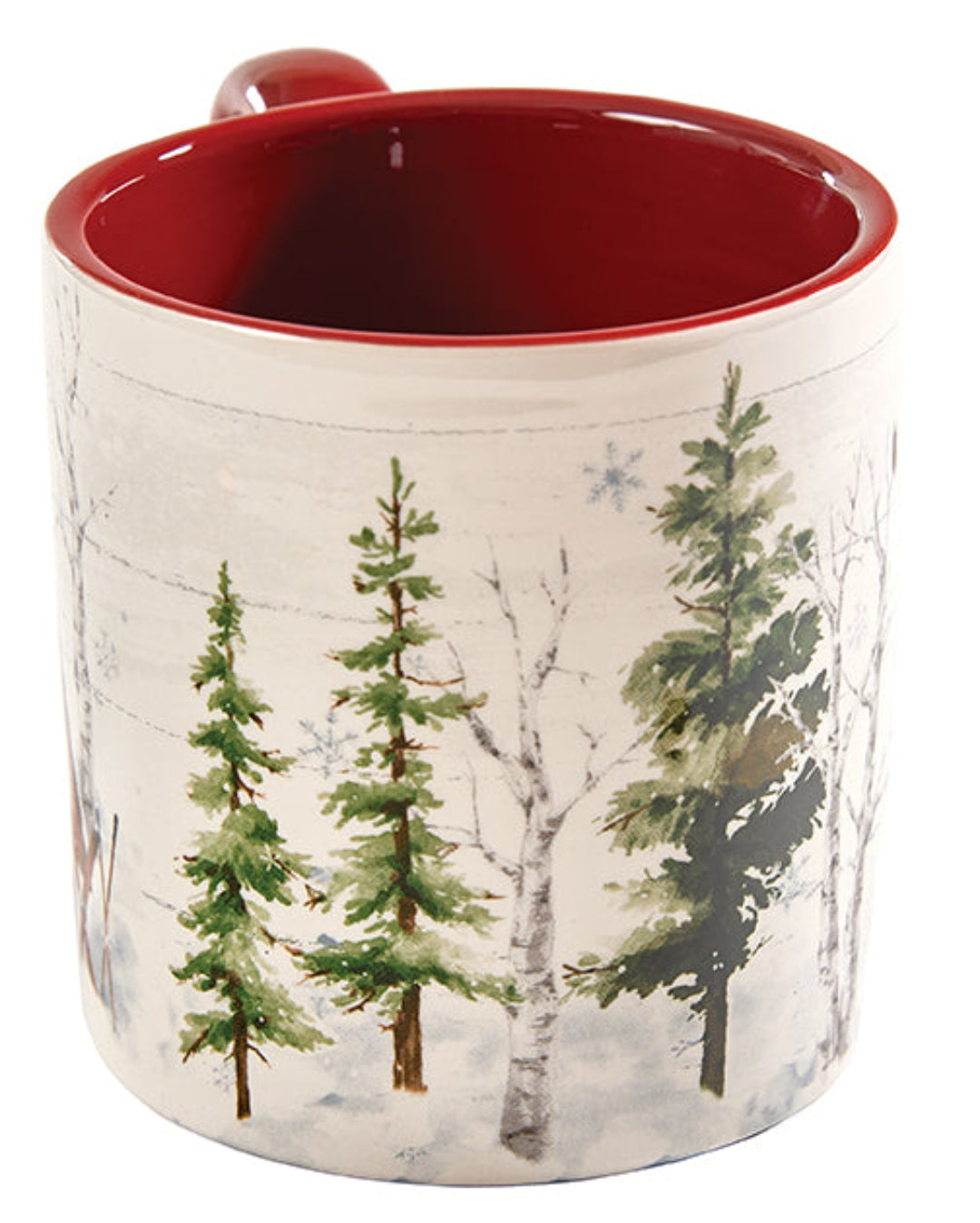 Mug with red interior and forest design on exterior
