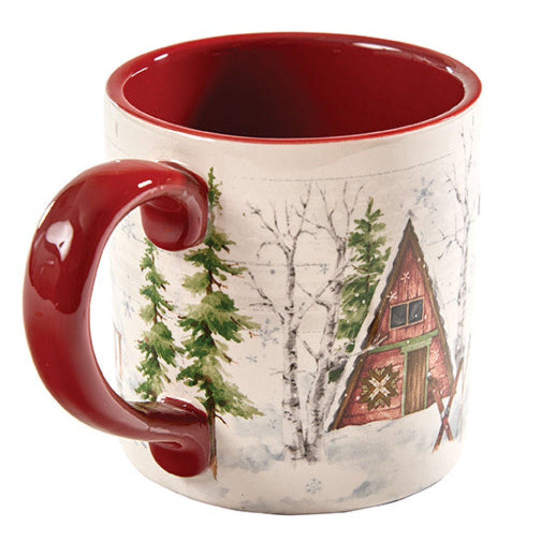 Mug with a winter scene design featuring a cabin and trees on a white background