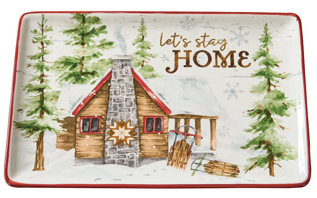 Decorative Christmas Platter with a cabin and pine trees design, featuring the text 'Let's stay HOME'.