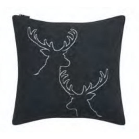 Stag Heads Cushion - Charcoal