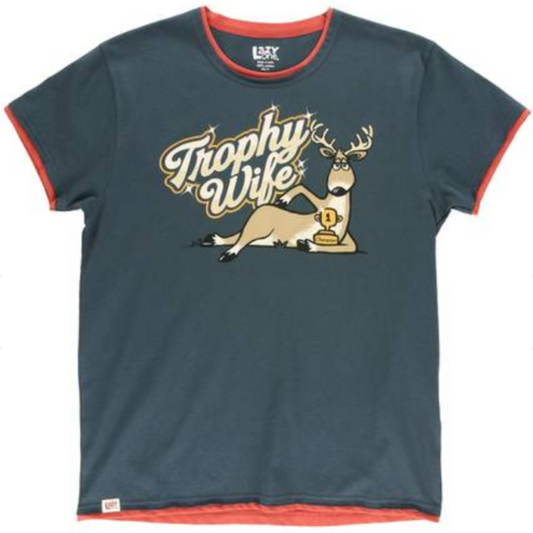 PJ's T-shirt with 'Trophy Wife' graphic design on a white background
