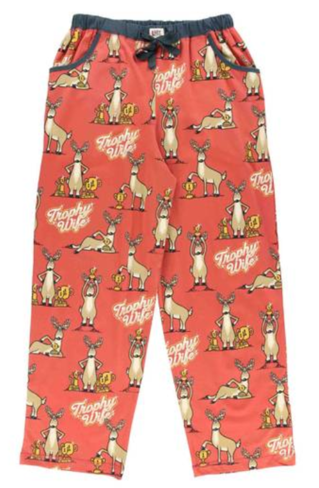 Red pajama pants with cartoon reindeer design on a white background