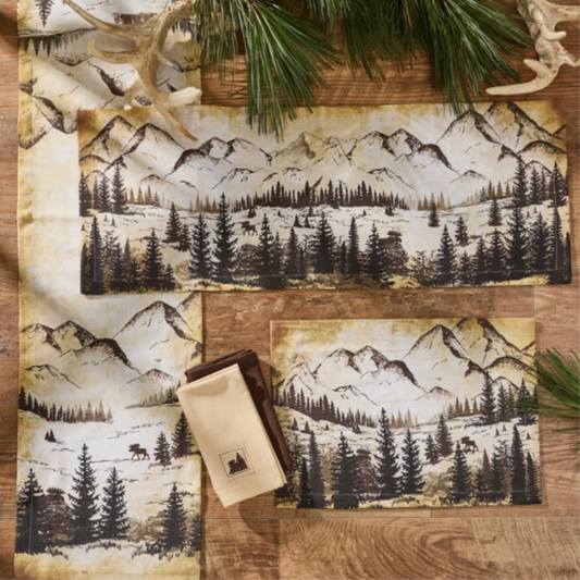 Table setting with mountain, forest and Moose design