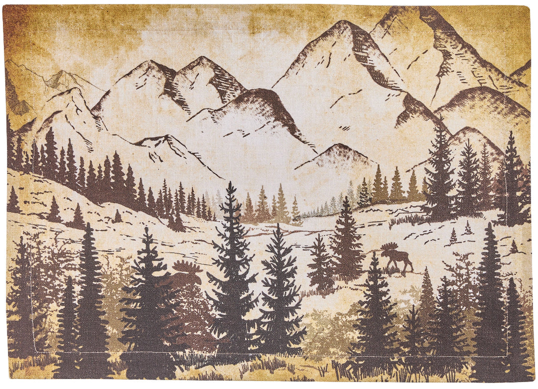 Placemat with mountain and forest design featuring a moose.