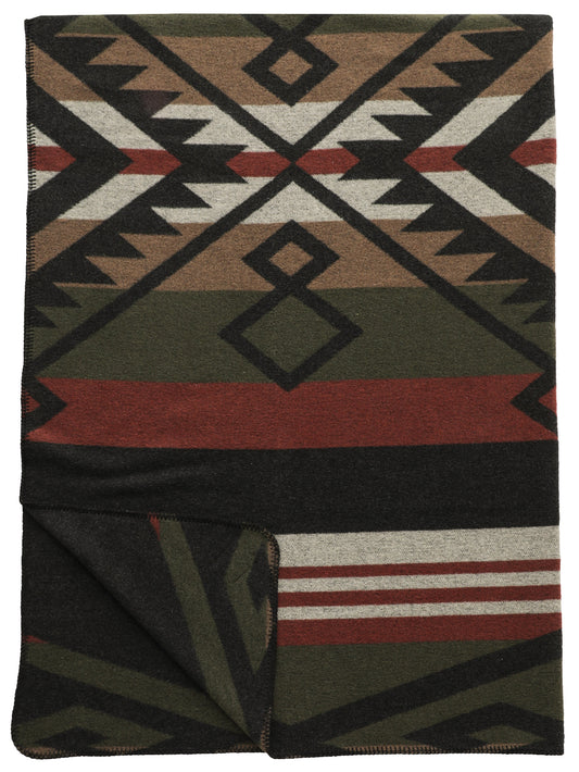 Eco-friendly American-made cabin-style throw in Spice, Sage, Creme, and Camel folded