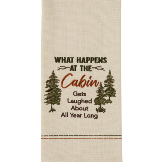 Tea towel with text, Cabin and tree graphics on a white background