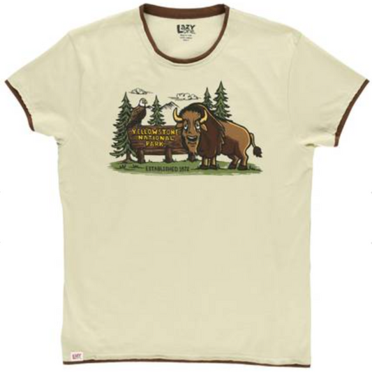 Beige Pj t-shirt with a graphic of a bison and trees on a white background