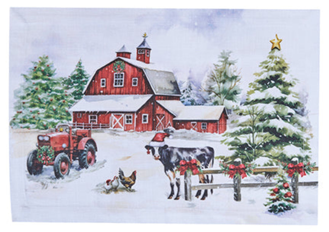 Winter scene with a red barn, tractor, cow, and Christmas tree in the snow.