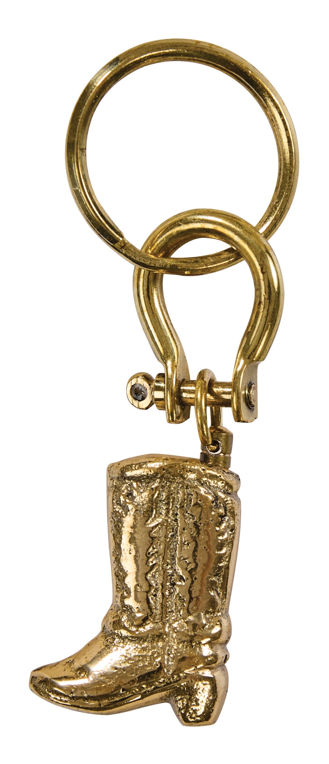A gold-coloured keychain featuring a small boot-shaped charm with western-style engraved details, attached to a split key ring.