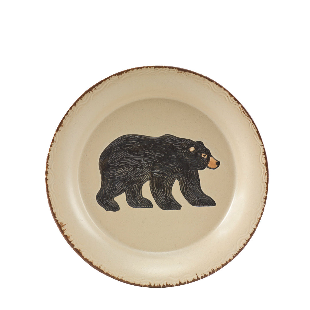 Ceramic plate with a black bear illustration on a white background lodge dinnerware