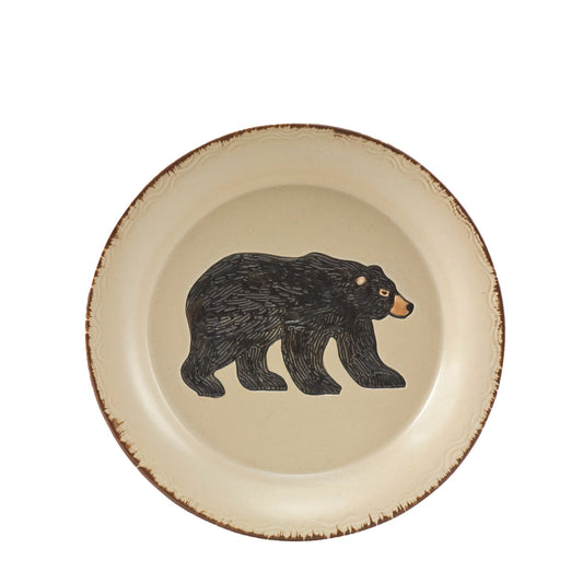 Ceramic plate with a black bear illustration on a white background lodge dinnerware