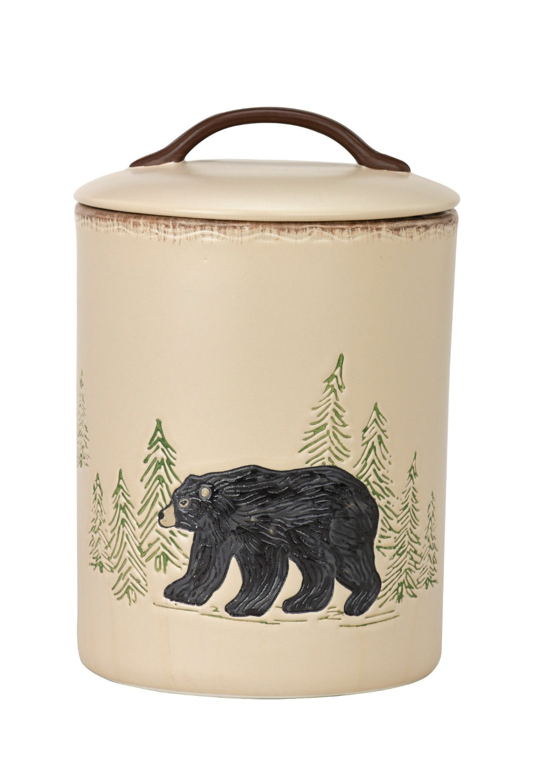 Ceramic jar with bear and forest design on a beige background