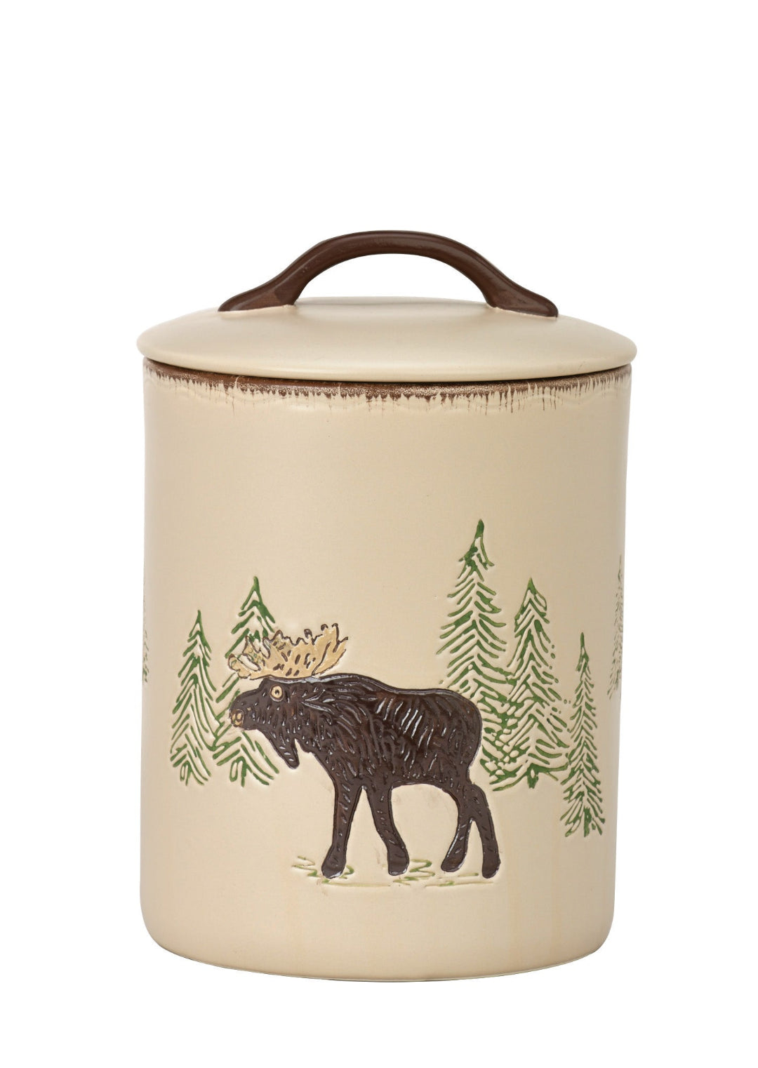 Ceramic jar with moose and forest design on a beige background
