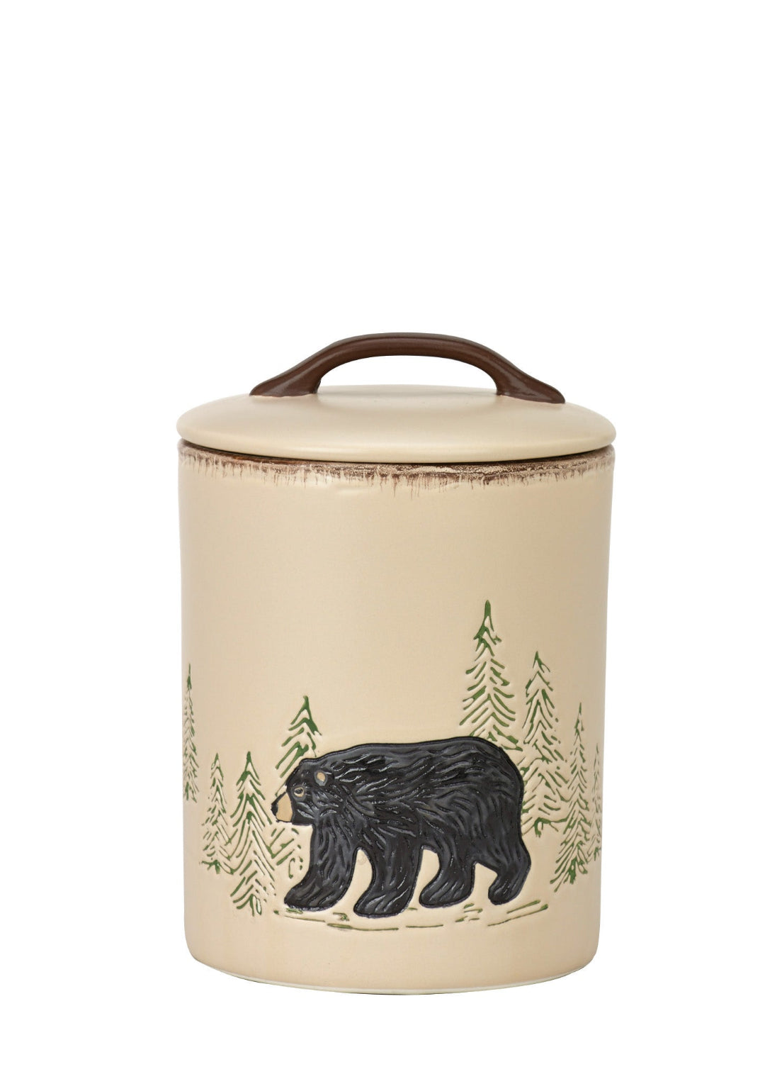 Ceramic jar with bear and forest design on a beige background