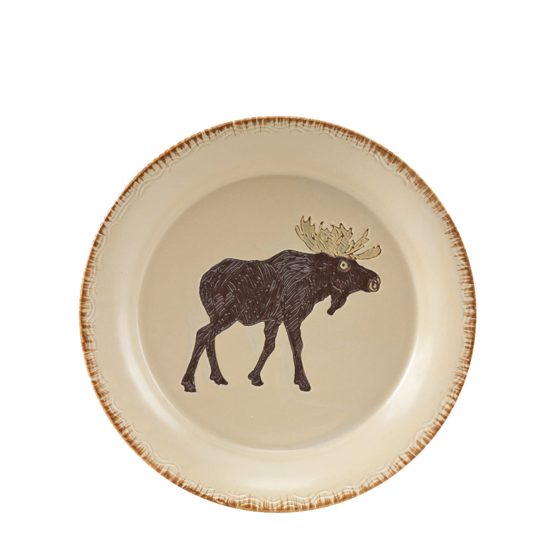 Ceramic plate with a Moose illustration on a white background lodge dinnerware