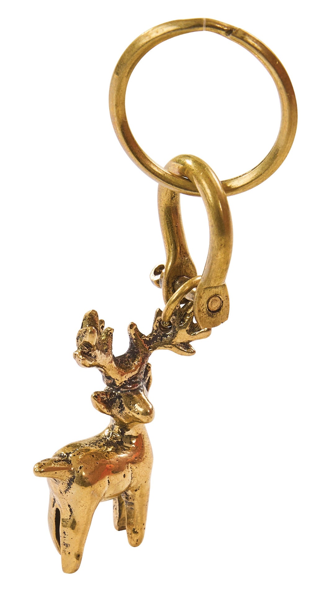 A keychain featuring a deer charm with antlers, attached to a split key ring.
