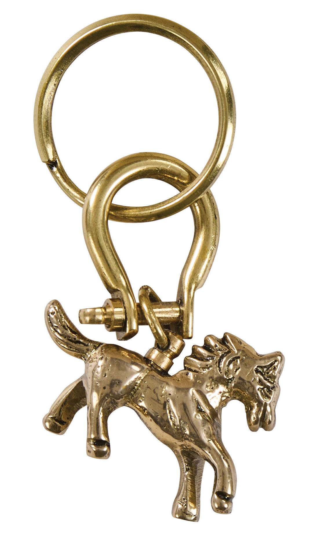 A keychain featuring a detailed horse charm, complete with a split key ring.