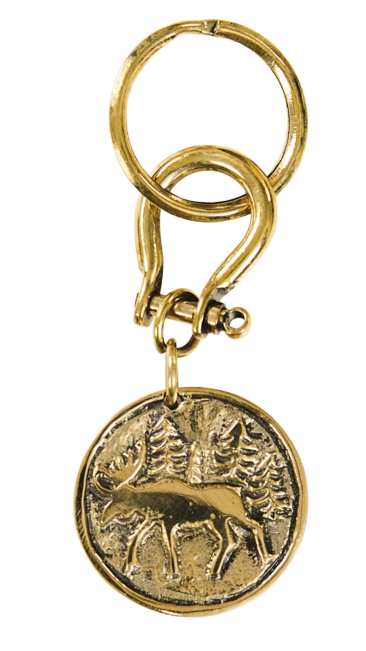 A keychain featuring a circular medallion with an engraved Moose and tree design.