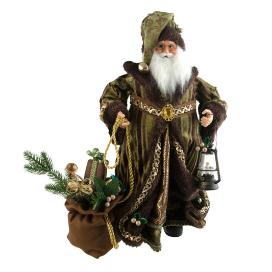 Decorative Santa in a green and brown Woodlands themed outfit with a lantern and sack