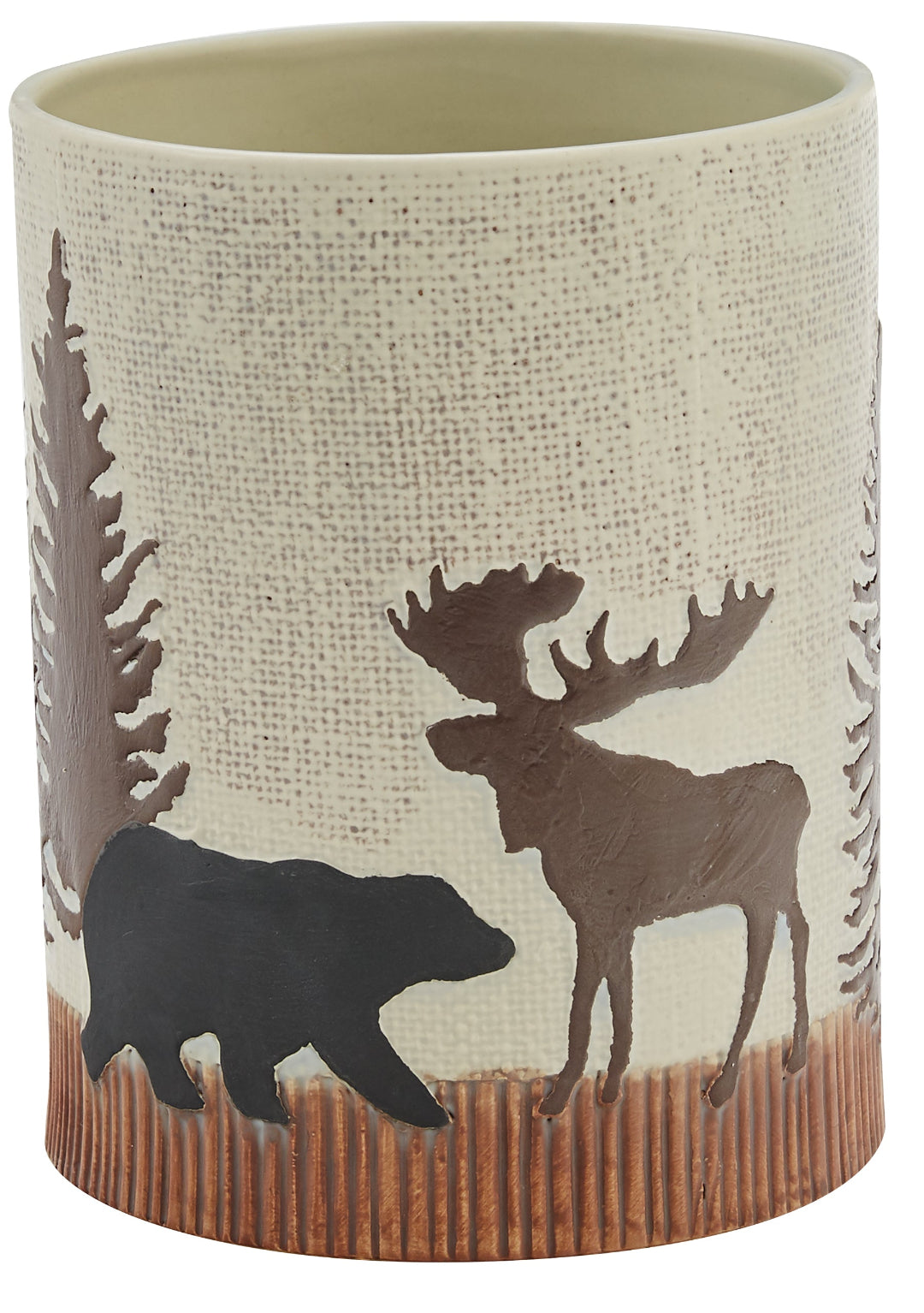 Ceramic Utensil Crock with bear and moose designs on a textured beige background