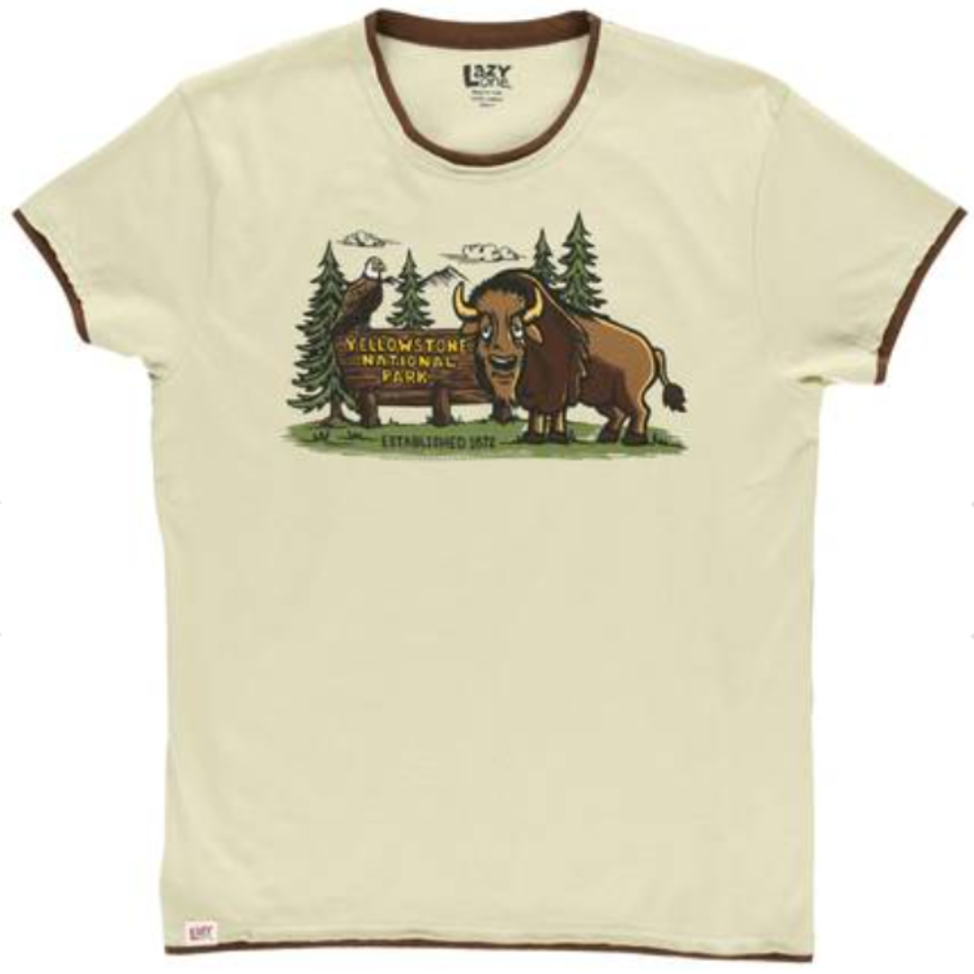 Beige Pj t-shirt with a graphic of a bison and trees on a white background