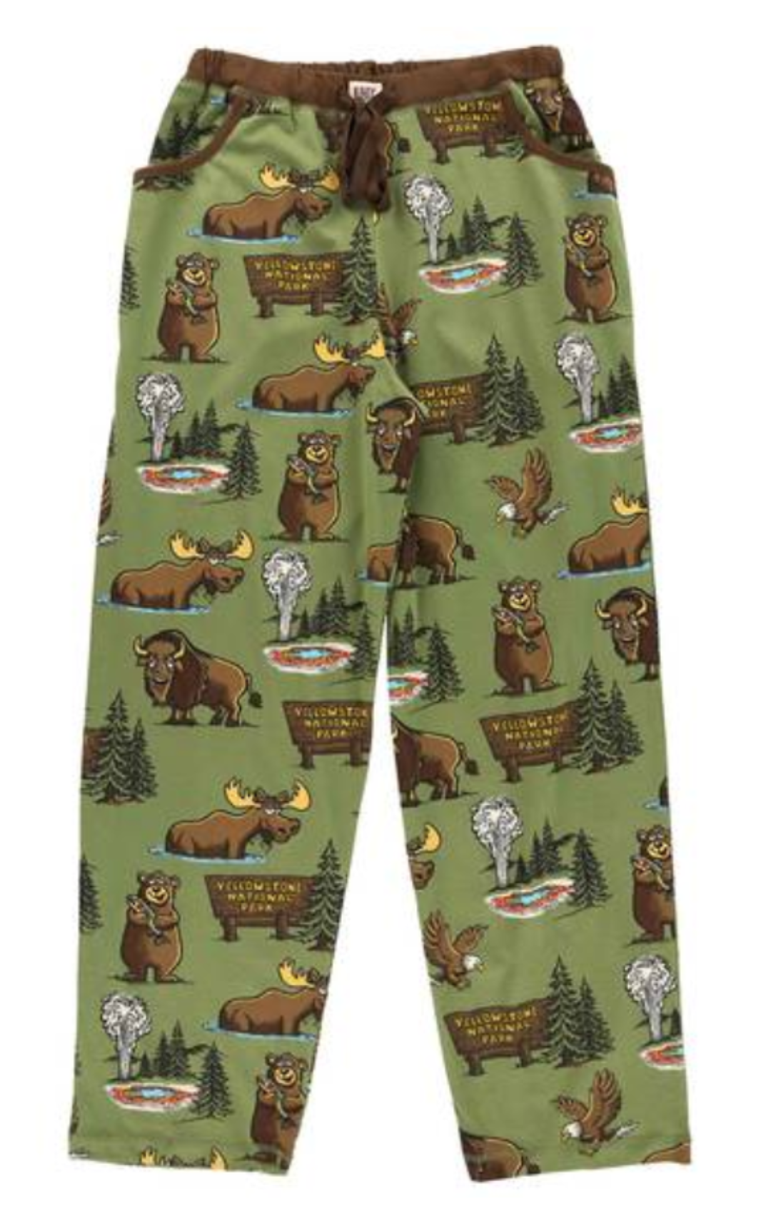 Pajama pants with Yellowstone forest-themed design featuring bears, moose, and trees on a green background.